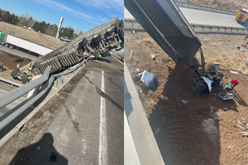 1 Semi Truck Rolled Over on Idaho Highway and Another Hanging From a Bridge Today